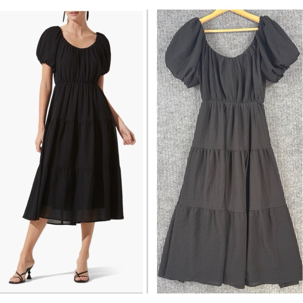 ASTR The‎ Label Black Tiered Puff Sleeve Midi Dress Boho Goth Romantic Prairie S